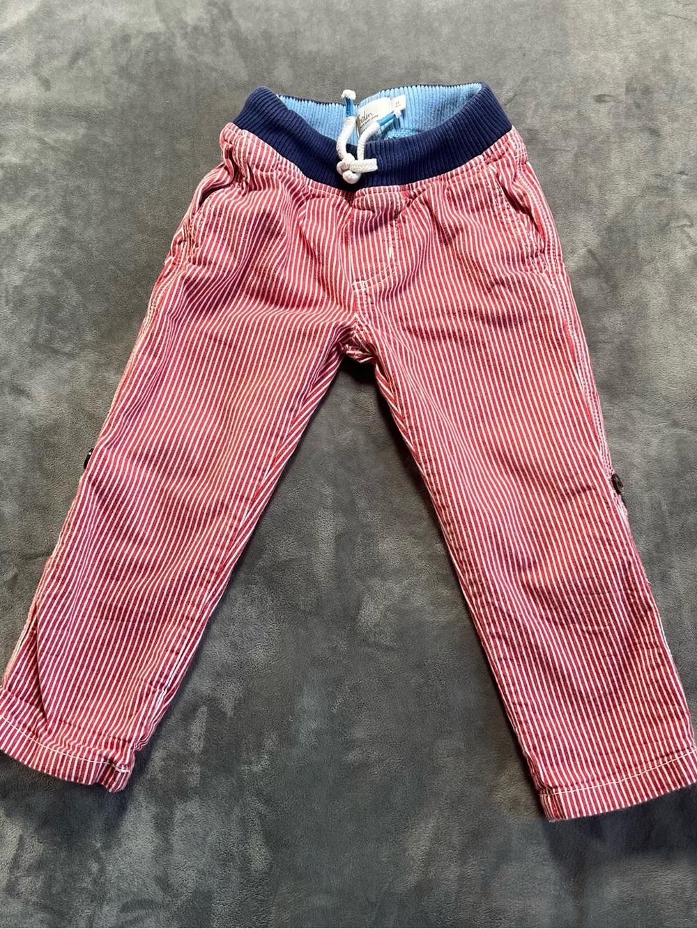 Boden Red-White Pinstripe Pull-On Pants with Navy Waistband